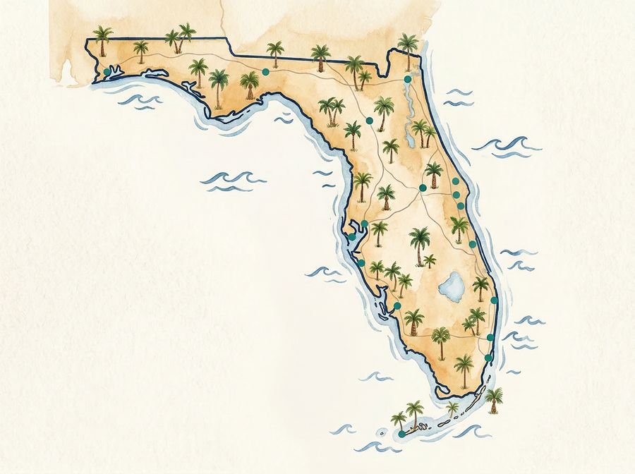 Florida Home Health Agency Locations Across 111 Cities Watercolor illustrated map of Florida showing home health agency locations across 111 cities with teal markers and palm trees
