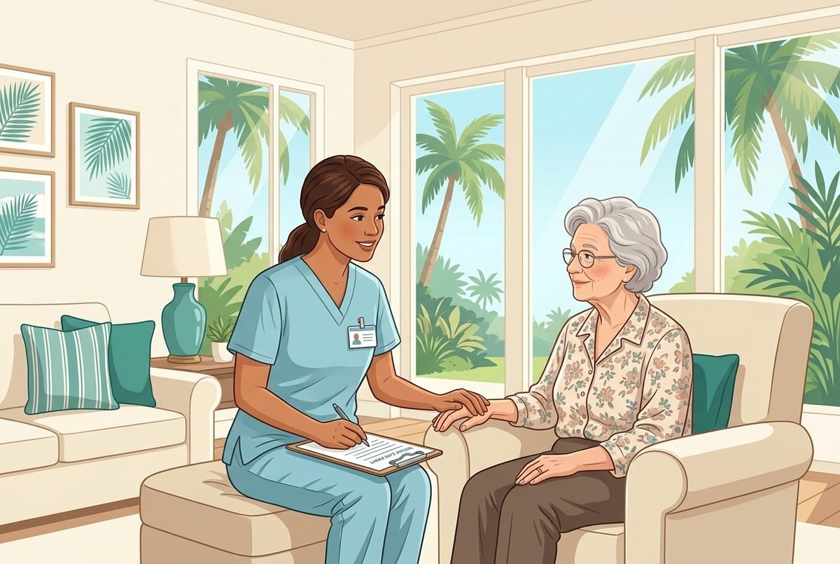 Florida Home Health Care, Compassionate In-Home Nursing Illustration of a home health nurse visiting an elderly patient in a warm Florida living room
