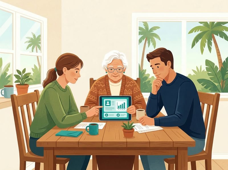 Family Researching Florida Home Health Care Florida family gathered around kitchen table researching home health care options on a tablet with palm trees visible through windows