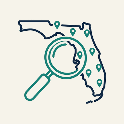 Step 1: Search for Home Health Agencies in Florida Search icon, magnifying glass over Florida map with location pins